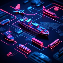 Digital map with ship, train, and plane icons, global logistics network