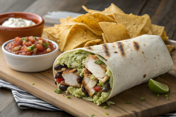 Large Burrito Filled with Grilled Chicken, Guacamole, and Rice
