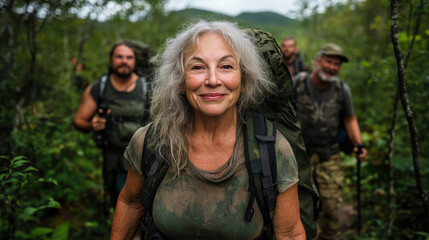 Fototapeta premium Smiling senior woman with backpack hiking in a forested trail alongside a group of fellow hikers, enjoying outdoor adventure and nature. 