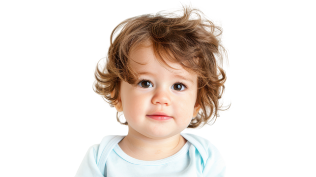 Portrait of a cute baby boy with curly hair on a white background.