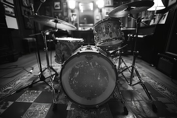 A monochromatic and artistically shot image of a classic drum set placed in an intricately decorated room, evoking a sense of nostalgia and musical passion