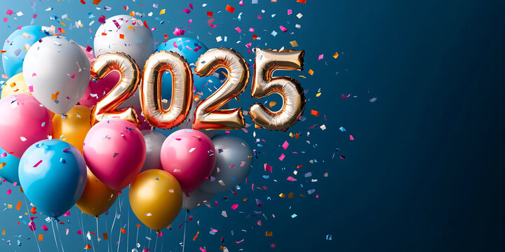 A vibrant and festive image featuring colorful balloons and the number 2025, ideal for New Year's celebrations and graduations, with ample space for designs.