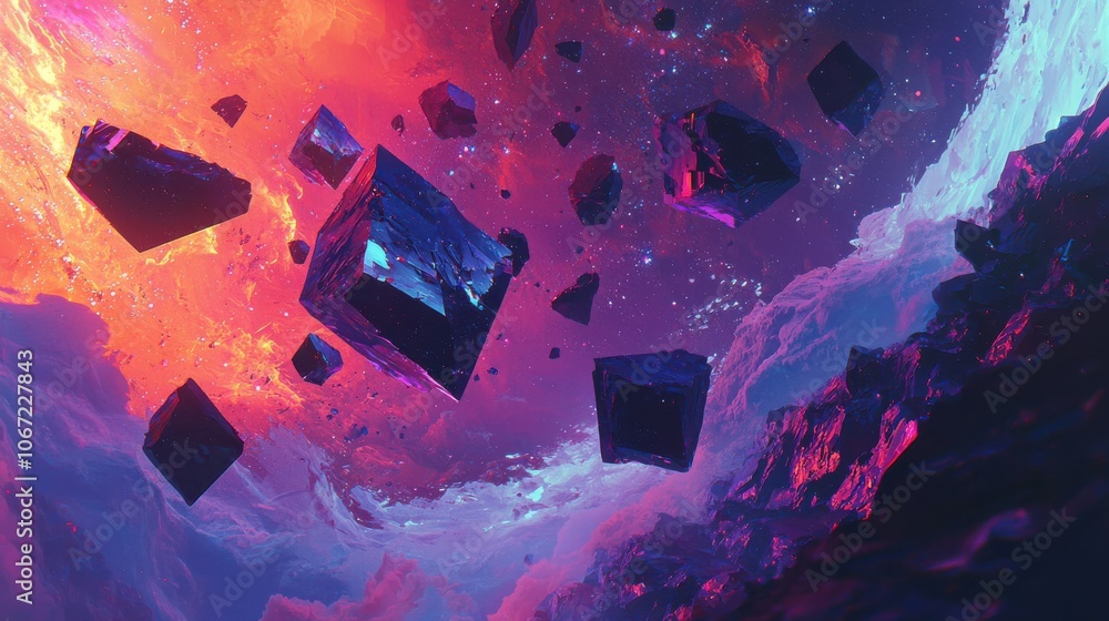 Poster a vibrant cosmic scene featuring floating geometric shapes amidst swirling colors, creating a sense 