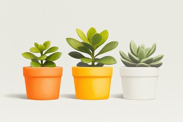 Three vibrant potted succulents in orange, yellow, and white pots, showcasing unique shapes and lush green leaves, perfect for home decor.