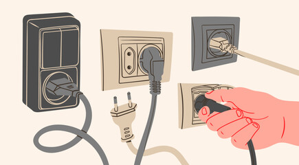 Different types of electric Plugs. Outlets, cord, wire, Sockets. Hand holding Outlet plug. Cartoon modern style. Hand drawn trendy Vector illustration. Isolated design elements. Cable network concept