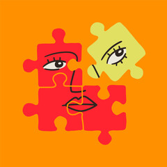 Abstract human Face on puzzle pieces. Jigsaw puzzle game with face. Contemporary minimalistic elegant style. Hand drawn modern Vector illustration. Isolated design element