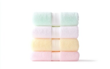 Colorful stack of soft, plush towels arranged neatly. Ideal for bathroom decor, spa settings, or home textiles showcasing comfort and cleanliness.