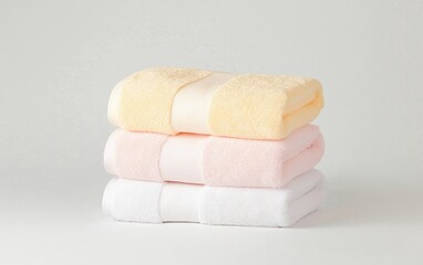 Soft, fluffy towels stacked in pastel colors, perfect for bath, spa, or home decor. Ideal for relaxing settings and enhancing comfort.