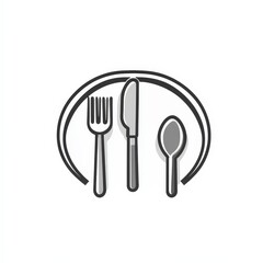 The image shows a simple, minimalist icon of a plate with a fork, knife, and spoon arranged vertically in the center. It represents dining or food-related services.