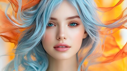 Fototapeta premium The womans vibrant blue hair cascades around her like a waterfall, framing her porcelain skin and highlighting the glossy pink lips that curve into a subtle smile