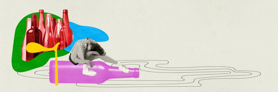 Contemporary art collage. Person leaning on oversized bottle with set of bottles in background, representing alcohol-related issues and addiction Concept of health, pharmacy, medicine, cold and flu.