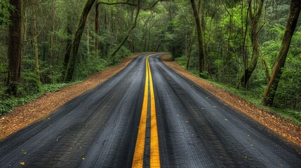 Fototapeta premium A serene winding road leading through the lush, green forest canopy creates a picturesque scene of natural beauty and a peaceful journey