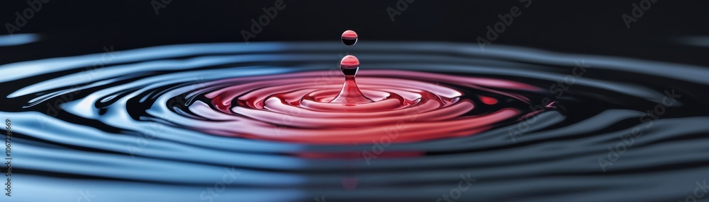 Poster a close-up image capturing a singular water droplet creating ripples in a layered red and blue liqui