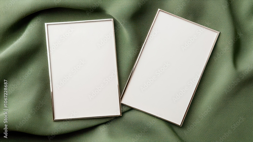 Poster two empty frames on a soft green fabric background, perfect for showcasing memories and artwork in a