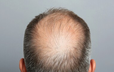 Obraz premium Rear view of a balding man showcasing male pattern baldness against a neutral background, emphasizing natural hair loss. Perfect for health topics.