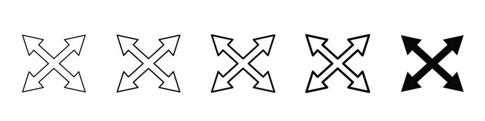 Set 5 full screen icons 1 unexpanded vector 1 silhouette,  black vector icons for full screen, featuring arrow marks, designed flat style for website, UI & mobile app scalability