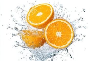 Fresh oranges splashing in water, showcasing vibrant colors and refreshing droplets, perfect for health, food, or beverage themes.