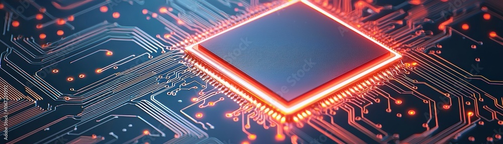 Poster high-tech microchip on a printed circuit board, showcasing advanced technology and innovation in ele