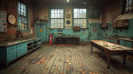 Rustic workshop interior with vintage tools and decor, showcasing a nostalgic blend of antique charm and historical craftsmanship in an autumnal setting