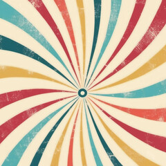 A retro-style, abstract graphic featuring a spiral pattern radiating from the center.