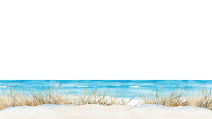 Seaside landscape with sand, grass, and blue ocean waves