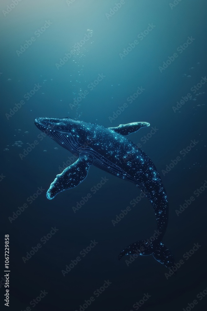 Aufkleber a stunning digital artwork of a whale swimming in the depths of the ocean, illuminated by a mesmeriz