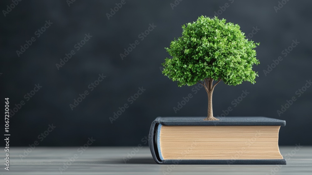 Poster a vibrant green tree grows from a closed book, symbolizing the connection between knowledge and natu