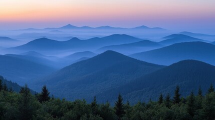 Obraz premium Serene mountain landscape at dusk, featuring layered hills and soft colors of twilight, perfect for nature and travel themes.