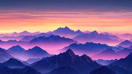 Obraz premium A breathtaking view of majestic mountains at sunset, showcasing vibrant colors and stunning peaks under a tranquil sky.