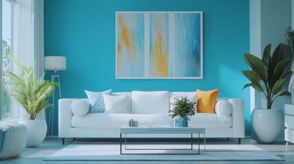 White Couch in a Modern Living Room with Blue Walls