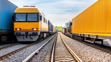 Fototapeta premium Freight train on track near trucks, smooth logistics coordination