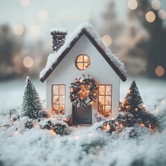 Naklejka premium Miniature house with lights and snow