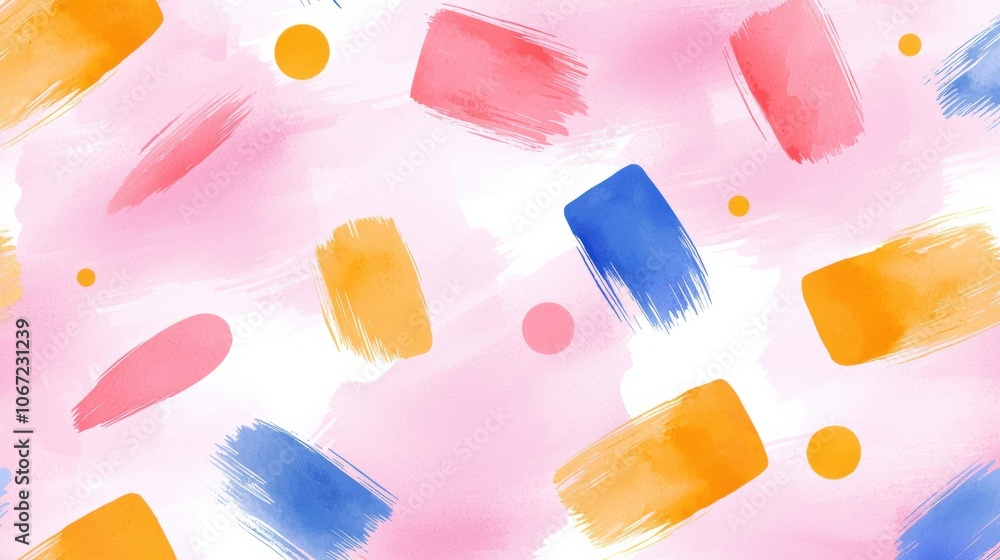 Poster vibrant abstract pattern with colorful brush strokes and circles on a soft pink background, perfect 