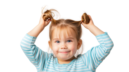 Smiling girl playfully pulling her hair in happy moment.