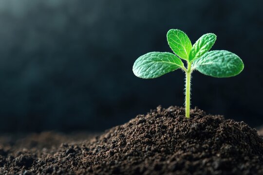 A vibrant green seedling emerging from rich, dark soil, symbolizing growth, renewal, and the beauty of nature.