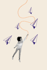 Vertical creative composite photo collage of positive woman hold rope flying up with paper planes isolated on pastel color background