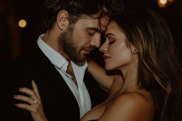 Couple in formal wear touching foreheads against bokeh lights. Valentine's Day intimate concept