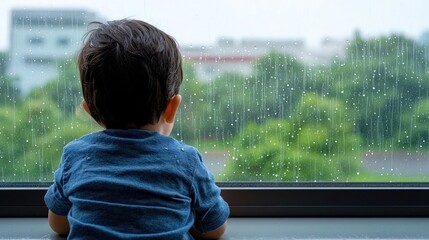 A young child gazes out a rain-speckled window, observing greenery in the background, evoking a sense of wonder and contemplation.