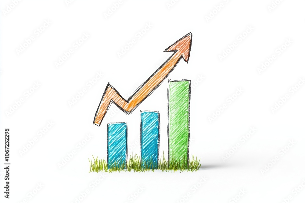 Poster a colorful sketch of a growth chart with an upward arrow, symbolizing business success and progress 