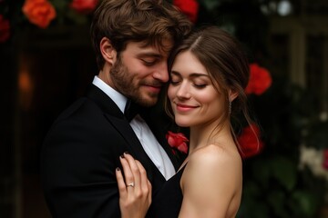 Fototapeta premium Bride and groom embracing near red roses. Valentine's Day and wedding romance concept