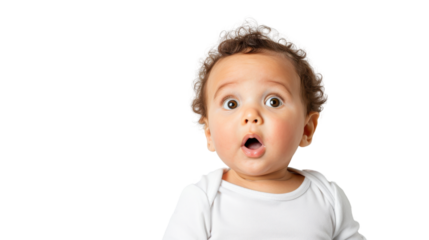 Surprised baby with wide eyes, isolated on white background.