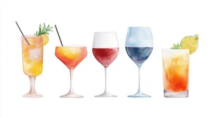 A vibrant collection of watercolor illustrations showcasing different cocktails in elegant glasses, perfect for beverage-themed designs.
