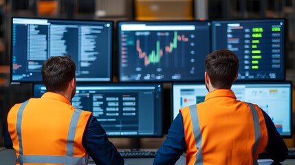 Logistics team monitoring multimodal shipments on dashboard, seamless operations