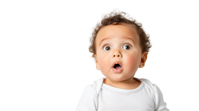 Surprised baby with wide eyes, isolated on white background.