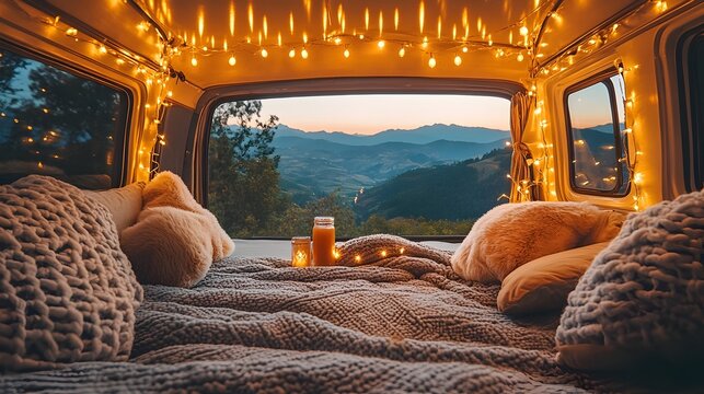 Cozy Camper Retreat in Mountainous Landscape During Golden Hour