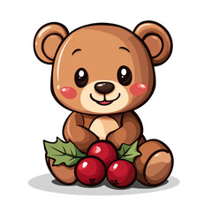 Cute Cartoon Bear with Holly Berries