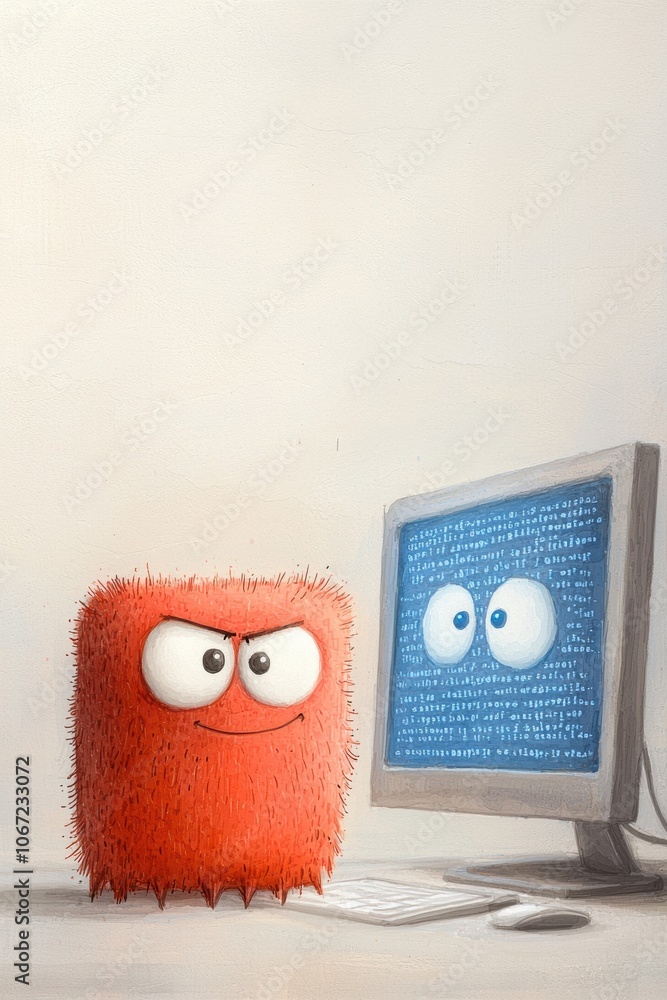 Poster a playful, furry red character with a mischievous expression sits beside a computer, evoking a fun, 