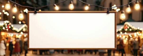 Blank sign hanging in a festive setting with decorative lights and blurred market background, ideal for promotional or seasonal messages.