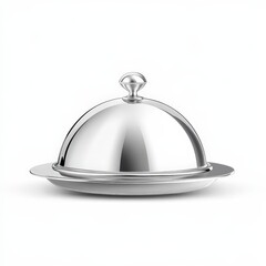 Obraz premium metallic cloche on a matching tray, used in fine dining to keep food warm. The reflective surface adds sophistication, making it elegant and relevant for high-end restaurant settings.