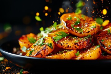 Closeup of roasted American pumpkin wedges with herbs and spices, pumpkin dish, fall seasonal meal